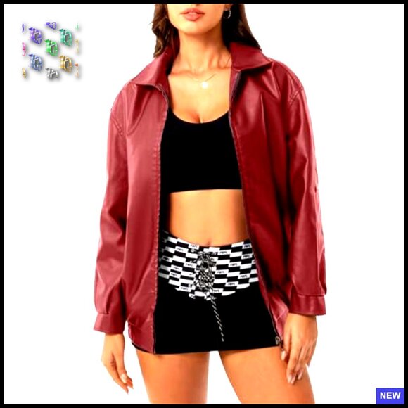 Oversized Faux Leather Bomber Jacket Y2K Chic Boyfriend Style Zip Up Moto - Picture 2 of 7
